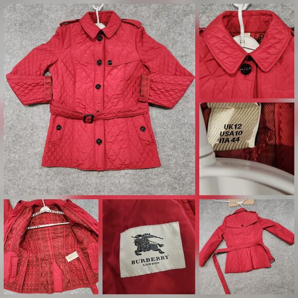 Burberry London Womens Size US 10 UK 12 Quilted Red Belted Button Up Jacket